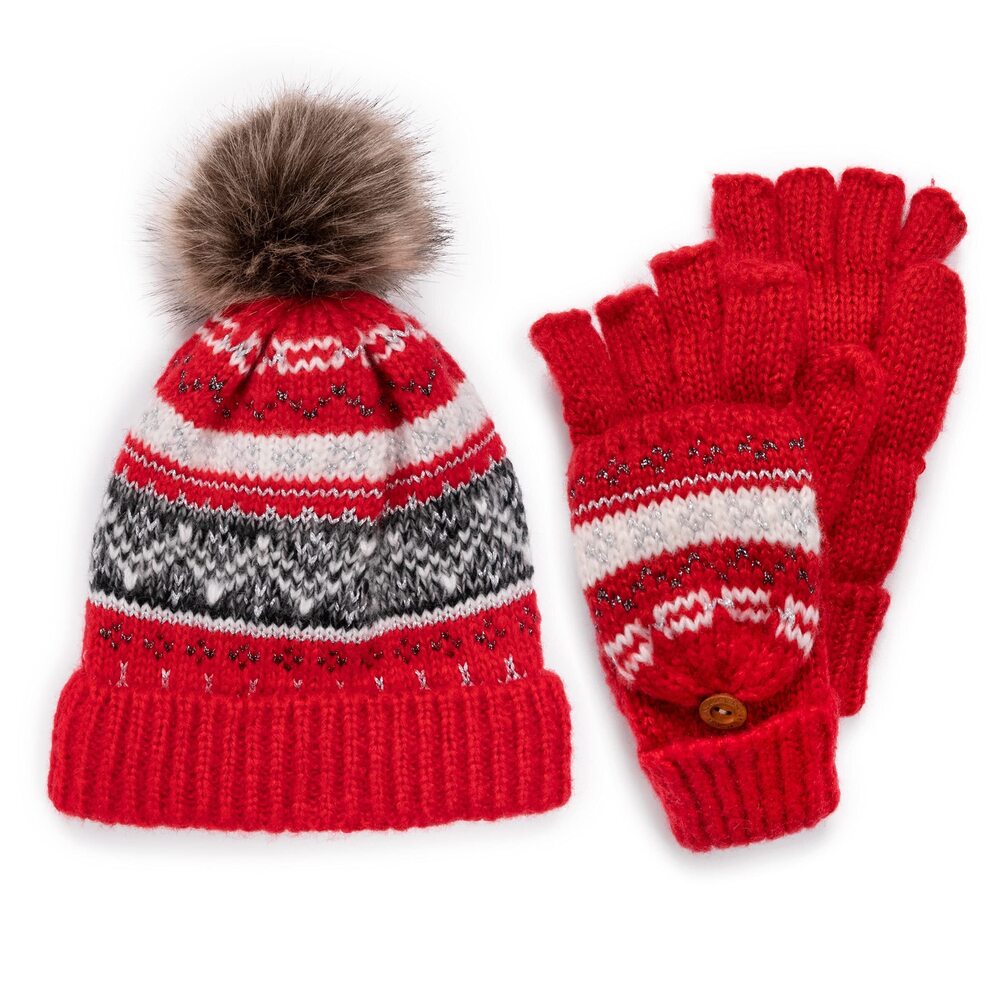 3777 Muk-luk Women's Yarn Beanie And Mitten Set, Mix Poppy, One Size Fits